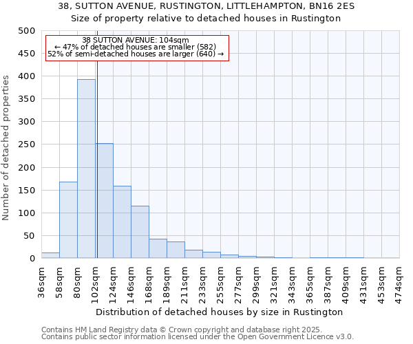 38, SUTTON AVENUE, RUSTINGTON, LITTLEHAMPTON, BN16 2ES: Size of property relative to detached houses in Rustington