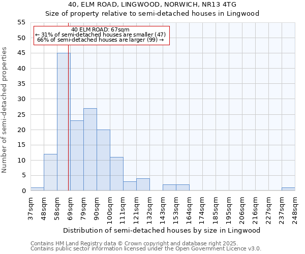 40, ELM ROAD, LINGWOOD, NORWICH, NR13 4TG: Size of property relative to detached houses in Lingwood