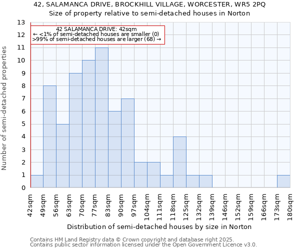 42, SALAMANCA DRIVE, BROCKHILL VILLAGE, WORCESTER, WR5 2PQ: Size of property relative to detached houses in Norton