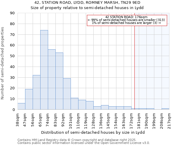 42, STATION ROAD, LYDD, ROMNEY MARSH, TN29 9ED: Size of property relative to detached houses in Lydd