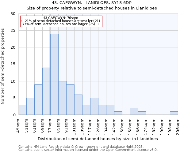 43, CAEGWYN, LLANIDLOES, SY18 6DP: Size of property relative to detached houses in Llanidloes