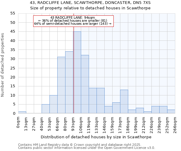 43, RADCLIFFE LANE, SCAWTHORPE, DONCASTER, DN5 7XS: Size of property relative to detached houses in Scawthorpe