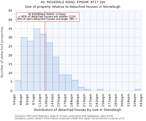 43, ROSEDALE ROAD, EPSOM, KT17 2JH: Size of property relative to detached houses in Stoneleigh