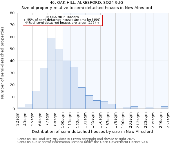 46, OAK HILL, ALRESFORD, SO24 9UG: Size of property relative to detached houses in New Alresford