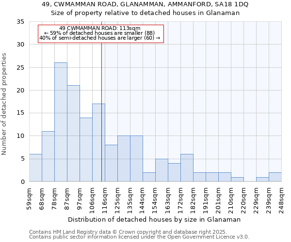 49, CWMAMMAN ROAD, GLANAMMAN, AMMANFORD, SA18 1DQ: Size of property relative to detached houses in Glanaman