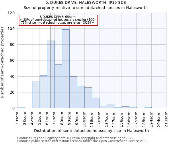 5, DUKES DRIVE, HALESWORTH, IP19 8DS: Size of property relative to detached houses in Halesworth