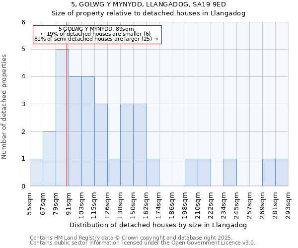 5, GOLWG Y MYNYDD, LLANGADOG, SA19 9ED: Size of property relative to detached houses in Llangadog