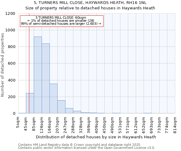 5, TURNERS MILL CLOSE, HAYWARDS HEATH, RH16 1NL: Size of property relative to detached houses in Haywards Heath