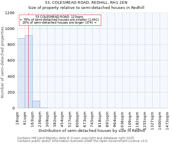 53, COLESMEAD ROAD, REDHILL, RH1 2EN: Size of property relative to detached houses in Redhill