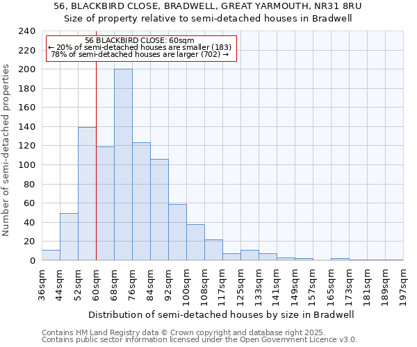 56, BLACKBIRD CLOSE, BRADWELL, GREAT YARMOUTH, NR31 8RU: Size of property relative to detached houses in Bradwell