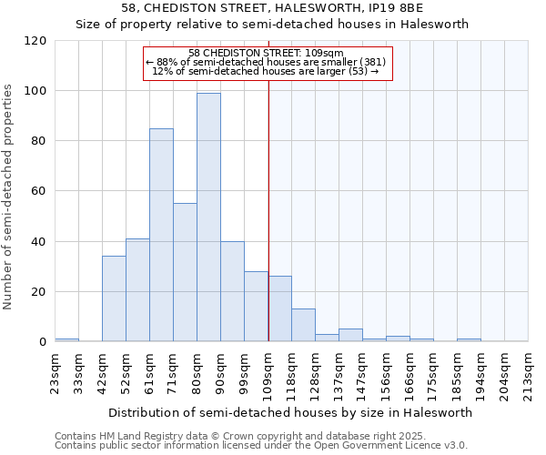 58, CHEDISTON STREET, HALESWORTH, IP19 8BE: Size of property relative to detached houses in Halesworth