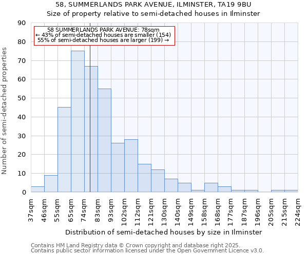 58, SUMMERLANDS PARK AVENUE, ILMINSTER, TA19 9BU: Size of property relative to detached houses in Ilminster