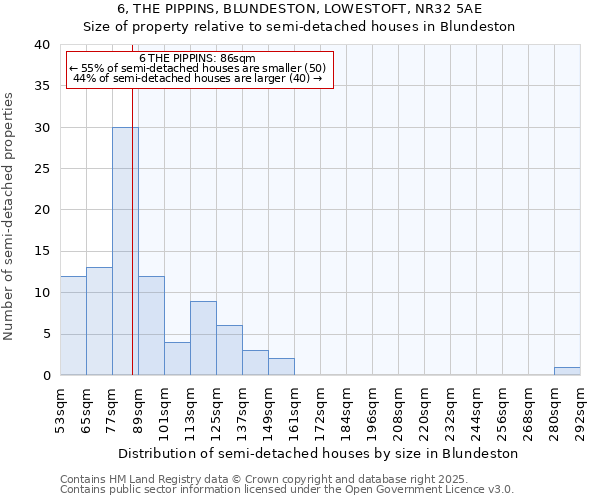 6, THE PIPPINS, BLUNDESTON, LOWESTOFT, NR32 5AE: Size of property relative to detached houses in Blundeston