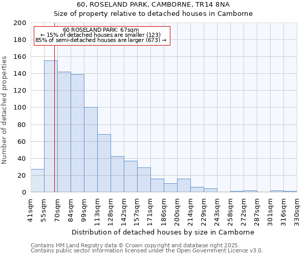 60, ROSELAND PARK, CAMBORNE, TR14 8NA: Size of property relative to detached houses in Camborne