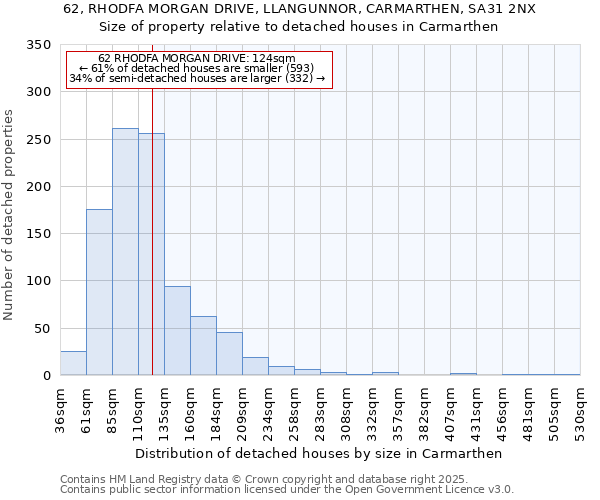 62, RHODFA MORGAN DRIVE, LLANGUNNOR, CARMARTHEN, SA31 2NX: Size of property relative to detached houses in Carmarthen