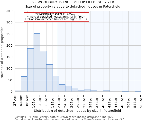 63, WOODBURY AVENUE, PETERSFIELD, GU32 2EB: Size of property relative to detached houses in Petersfield