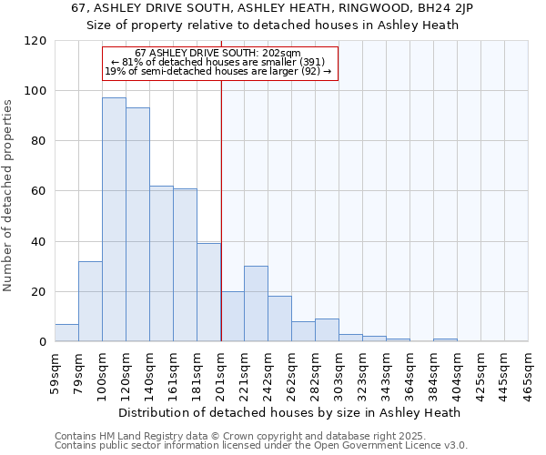 67, ASHLEY DRIVE SOUTH, ASHLEY HEATH, RINGWOOD, BH24 2JP: Size of property relative to detached houses in Ashley Heath