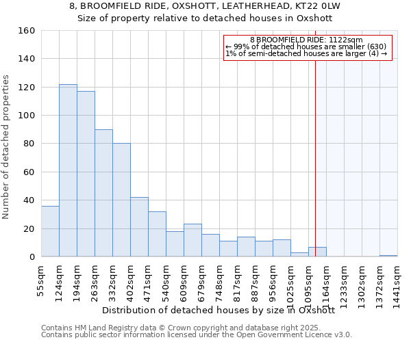 8, BROOMFIELD RIDE, OXSHOTT, LEATHERHEAD, KT22 0LW: Size of property relative to detached houses in Oxshott