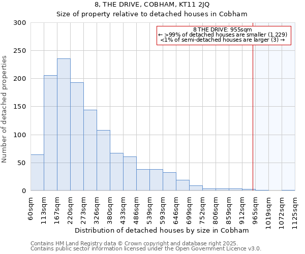 8, THE DRIVE, COBHAM, KT11 2JQ: Size of property relative to detached houses in Cobham