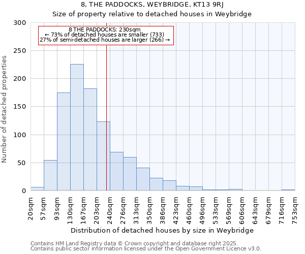 8, THE PADDOCKS, WEYBRIDGE, KT13 9RJ: Size of property relative to detached houses in Weybridge