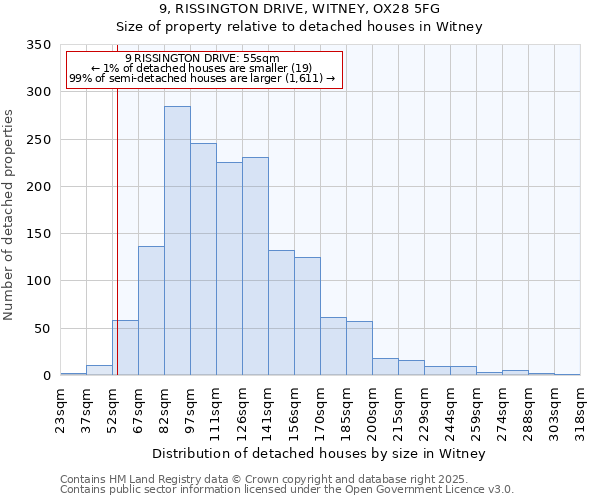 9, RISSINGTON DRIVE, WITNEY, OX28 5FG: Size of property relative to detached houses in Witney