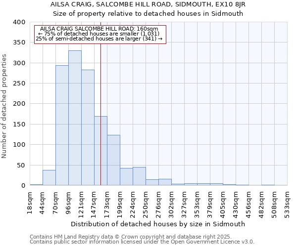 AILSA CRAIG, SALCOMBE HILL ROAD, SIDMOUTH, EX10 8JR: Size of property relative to detached houses in Sidmouth