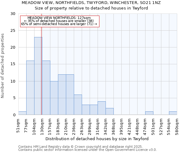 MEADOW VIEW, NORTHFIELDS, TWYFORD, WINCHESTER, SO21 1NZ: Size of property relative to detached houses in Twyford