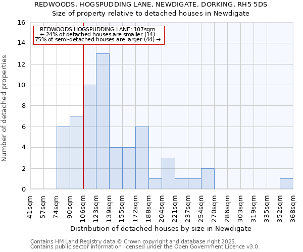 REDWOODS, HOGSPUDDING LANE, NEWDIGATE, DORKING, RH5 5DS: Size of property relative to detached houses in Newdigate