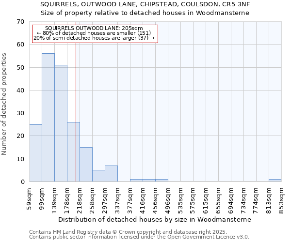 SQUIRRELS, OUTWOOD LANE, CHIPSTEAD, COULSDON, CR5 3NF: Size of property relative to detached houses in Woodmansterne