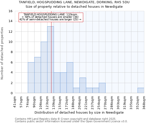 TANFIELD, HOGSPUDDING LANE, NEWDIGATE, DORKING, RH5 5DU: Size of property relative to detached houses in Newdigate