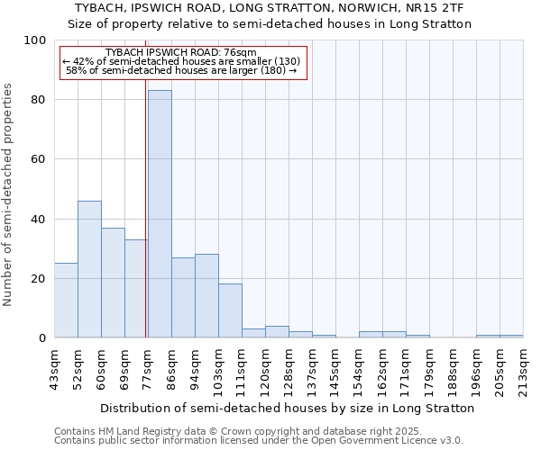 TYBACH, IPSWICH ROAD, LONG STRATTON, NORWICH, NR15 2TF: Size of property relative to detached houses in Long Stratton