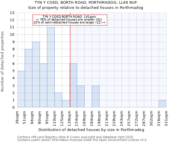 TYN Y COED, BORTH ROAD, PORTHMADOG, LL49 9UP: Size of property relative to detached houses in Porthmadog