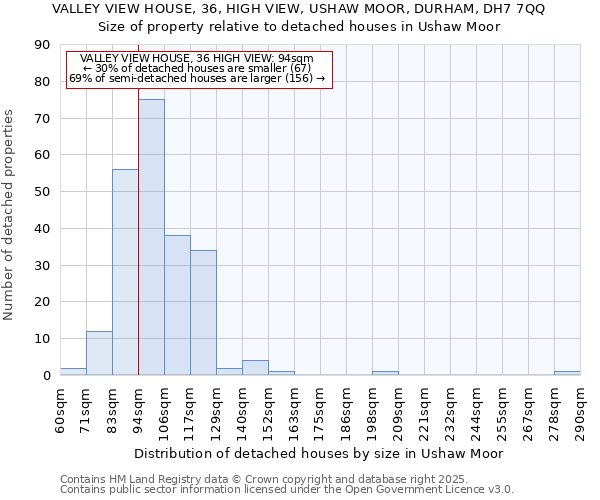 VALLEY VIEW HOUSE, 36, HIGH VIEW, USHAW MOOR, DURHAM, DH7 7QQ: Size of property relative to detached houses in Ushaw Moor