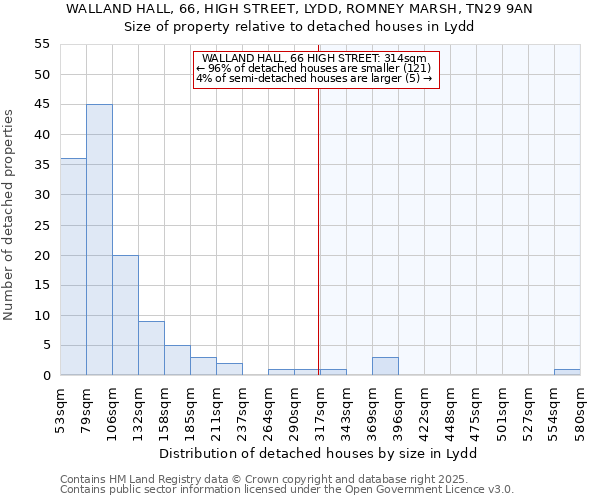 WALLAND HALL, 66, HIGH STREET, LYDD, ROMNEY MARSH, TN29 9AN: Size of property relative to detached houses in Lydd