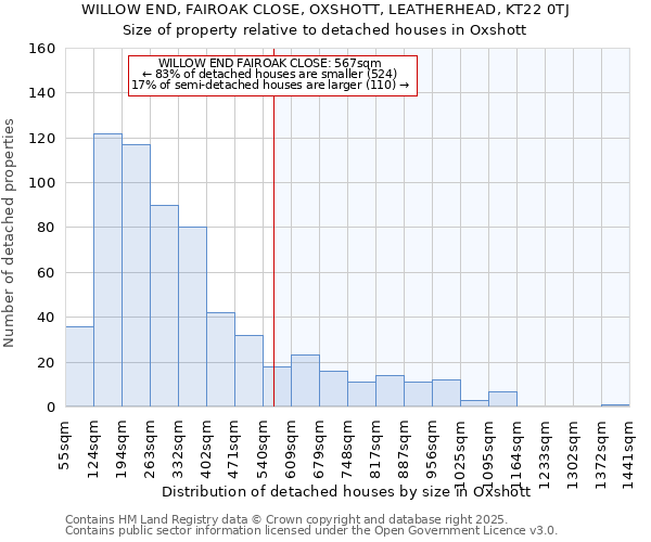 WILLOW END, FAIROAK CLOSE, OXSHOTT, LEATHERHEAD, KT22 0TJ: Size of property relative to detached houses in Oxshott