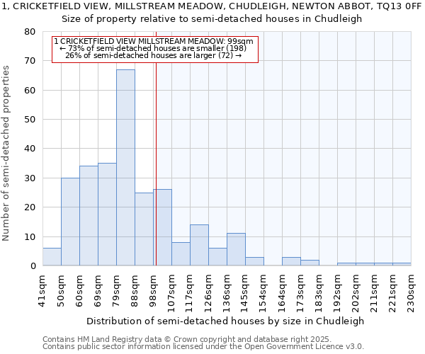 1, CRICKETFIELD VIEW, MILLSTREAM MEADOW, CHUDLEIGH, NEWTON ABBOT, TQ13 0FF: Size of property relative to semi-detached houses houses in Chudleigh