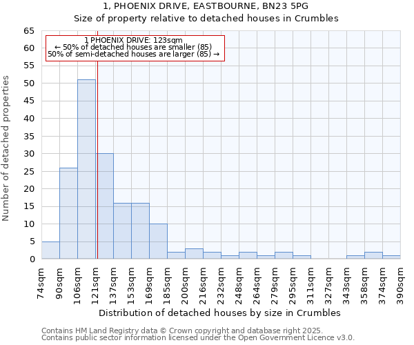 1, PHOENIX DRIVE, EASTBOURNE, BN23 5PG: Size of property relative to detached houses houses in Crumbles