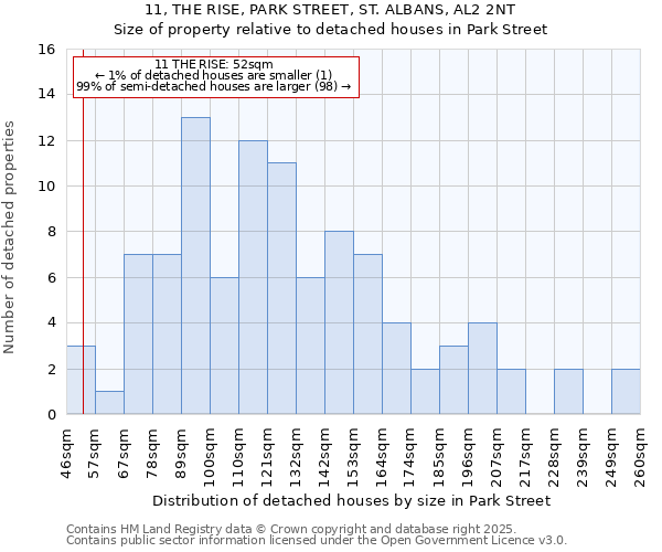 11, THE RISE, PARK STREET, ST. ALBANS, AL2 2NT: Size of property relative to detached houses in Park Street