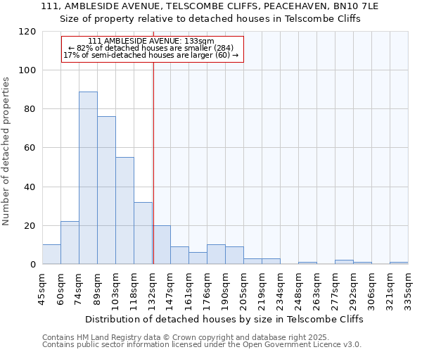 111, AMBLESIDE AVENUE, TELSCOMBE CLIFFS, PEACEHAVEN, BN10 7LE: Size of property relative to detached houses in Telscombe Cliffs