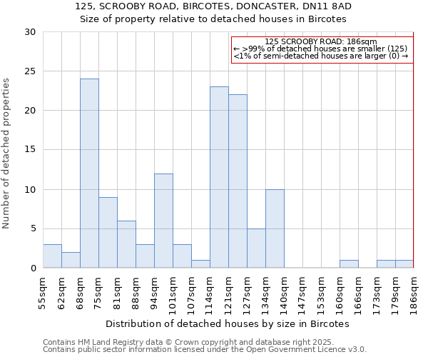 125, SCROOBY ROAD, BIRCOTES, DONCASTER, DN11 8AD: Size of property relative to detached houses houses in Bircotes