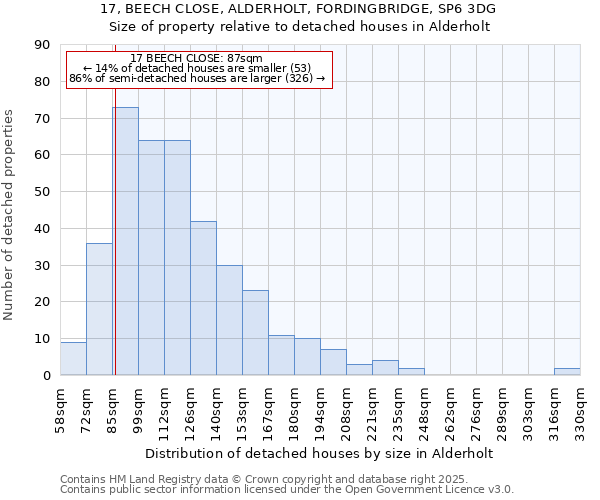 17, BEECH CLOSE, ALDERHOLT, FORDINGBRIDGE, SP6 3DG: Size of property relative to detached houses houses in Alderholt