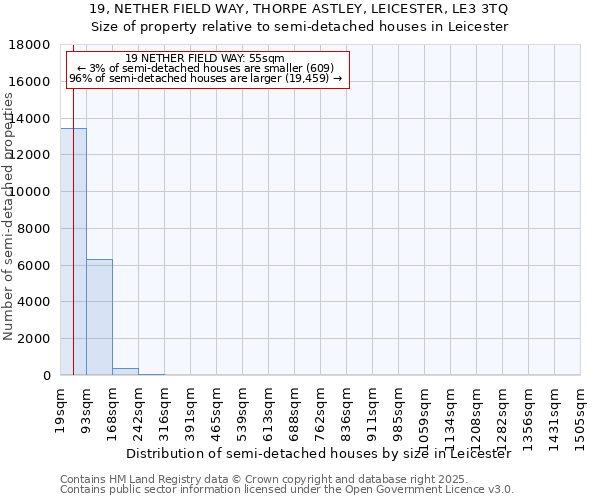 19, NETHER FIELD WAY, THORPE ASTLEY, LEICESTER, LE3 3TQ: Size of property relative to detached houses in Leicester