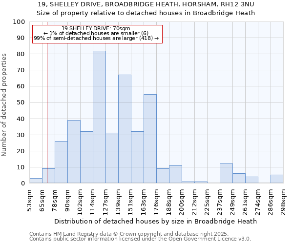 19, SHELLEY DRIVE, BROADBRIDGE HEATH, HORSHAM, RH12 3NU: Size of property relative to detached houses in Broadbridge Heath