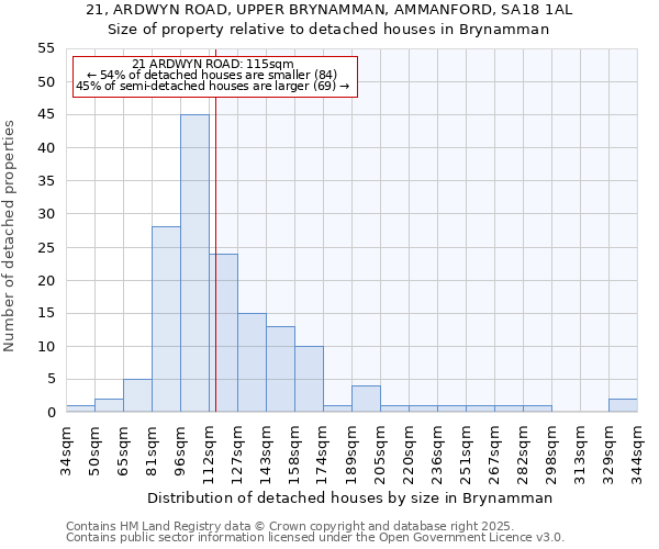 21, ARDWYN ROAD, UPPER BRYNAMMAN, AMMANFORD, SA18 1AL: Size of property relative to detached houses houses in Brynamman