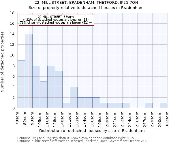 22, MILL STREET, BRADENHAM, THETFORD, IP25 7QN: Size of property relative to detached houses houses in Bradenham
