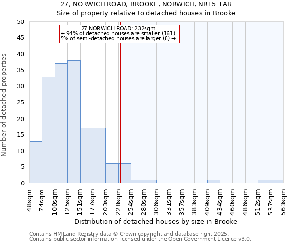 27, NORWICH ROAD, BROOKE, NORWICH, NR15 1AB: Size of property relative to detached houses in Brooke