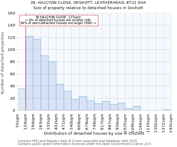 39, HALCYON CLOSE, OXSHOTT, LEATHERHEAD, KT22 0HA: Size of property relative to detached houses houses in Oxshott
