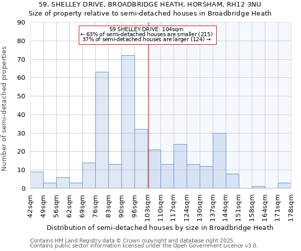 59, SHELLEY DRIVE, BROADBRIDGE HEATH, HORSHAM, RH12 3NU: Size of property relative to detached houses in Broadbridge Heath