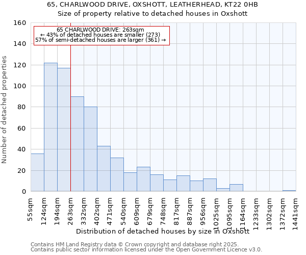 65, CHARLWOOD DRIVE, OXSHOTT, LEATHERHEAD, KT22 0HB: Size of property relative to detached houses houses in Oxshott
