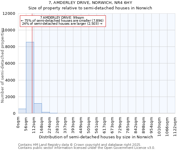 7, AMDERLEY DRIVE, NORWICH, NR4 6HY: Size of property relative to detached houses in Norwich